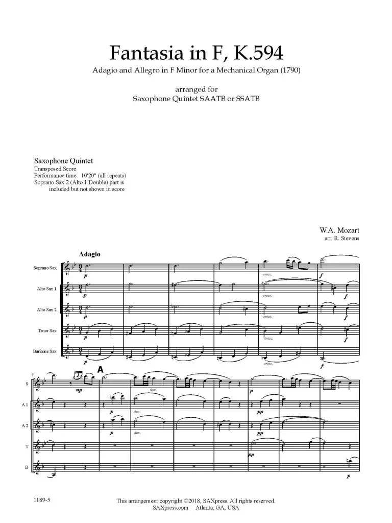 1189-5 MOZART Fantasia in F K594 -1 Fantasia In F, K. 549