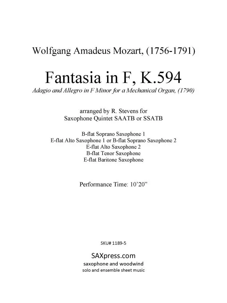 1189-5 MOZART Fantasia in F K594 -Title Page Fantasia In F, K. 549