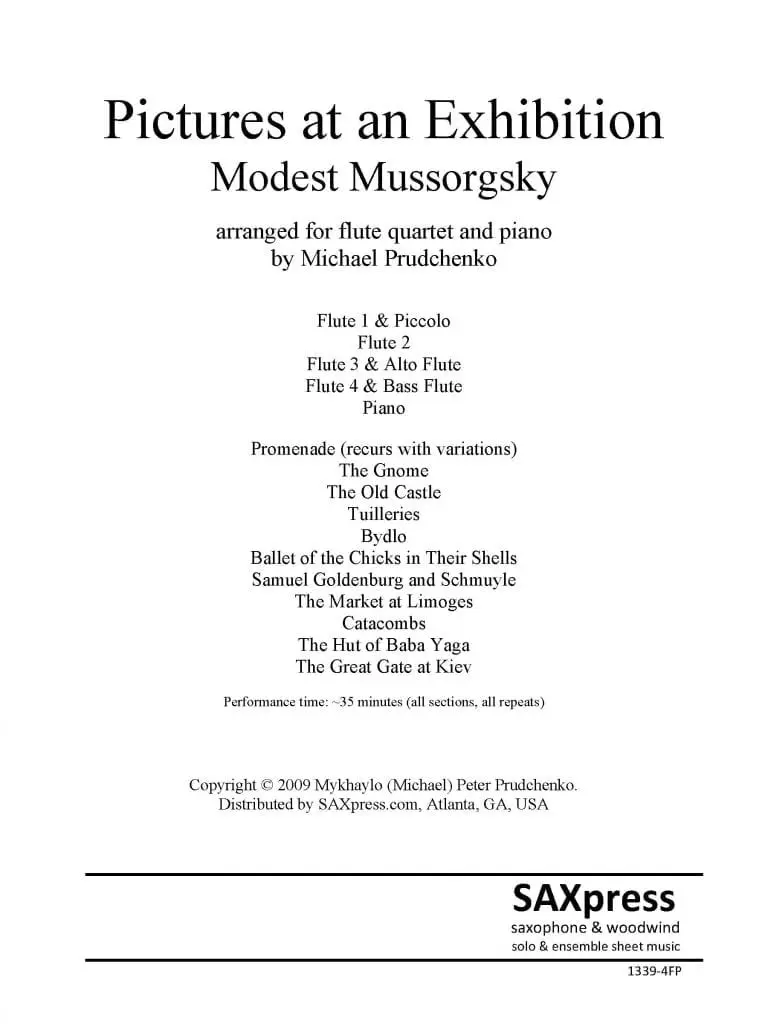 1339-4PF Mussorgsky Pictures Flute Quartet Title Pg Pictures at an Exhibition Flute Quartet with Piano