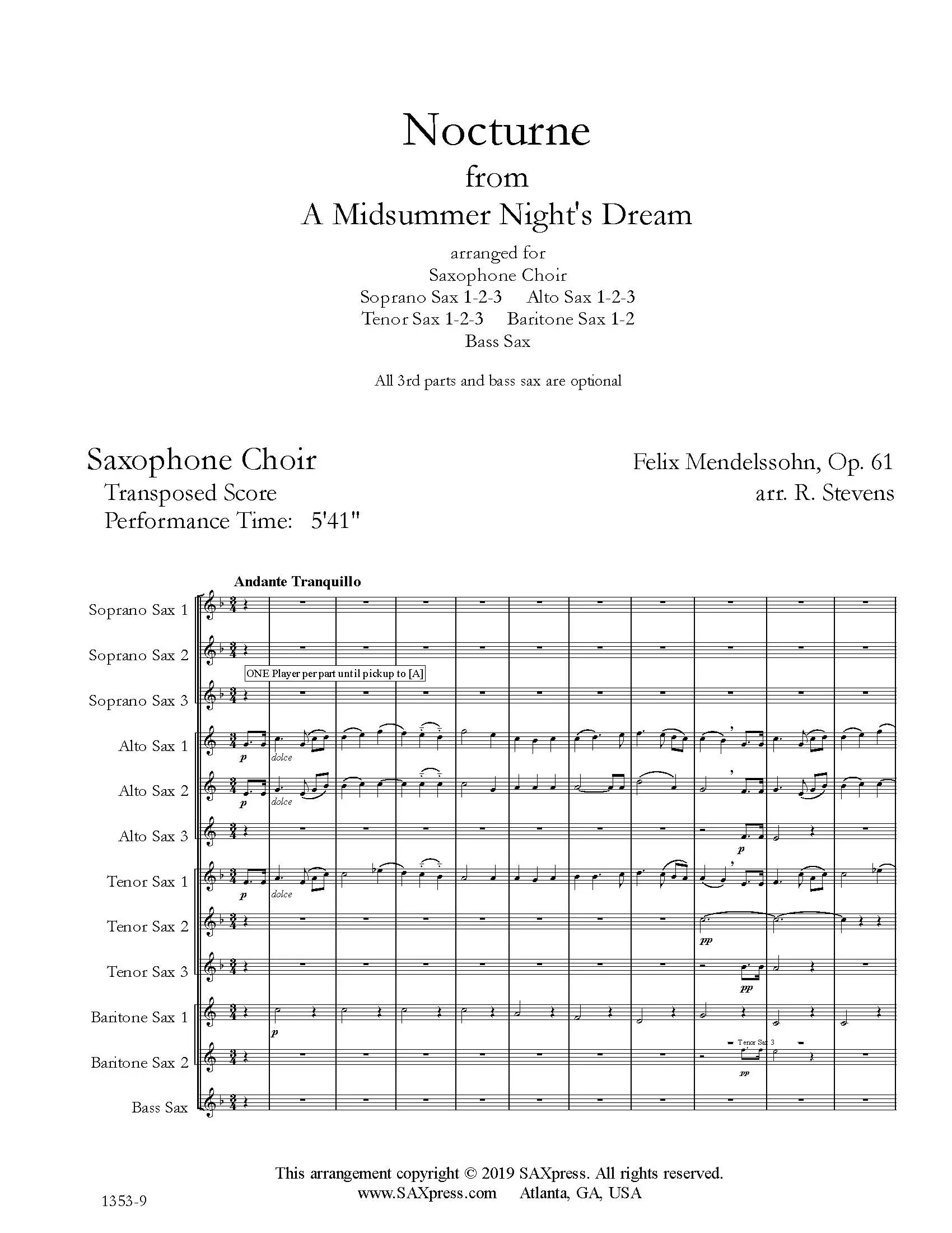 Nocturne from A Midsummer Night's Dream | Mendelssohn | Saxophone Choir - Image 2