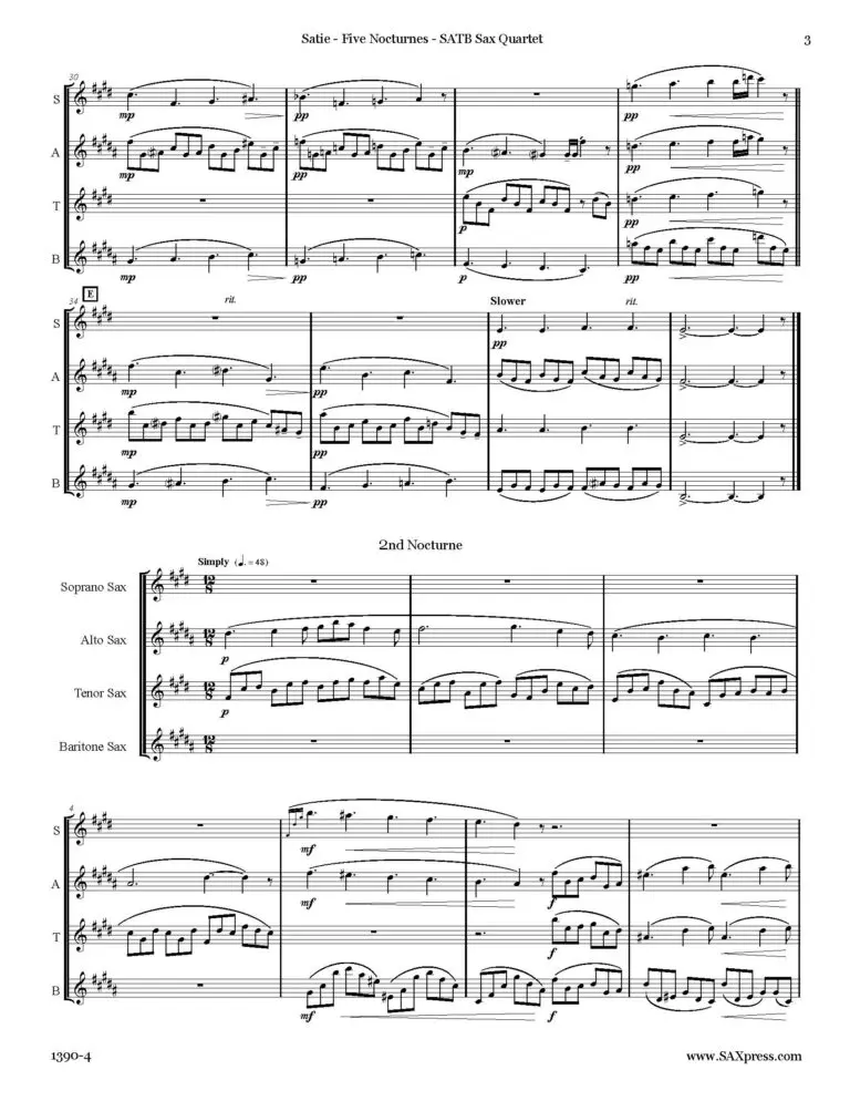 1390-4 SATIE Five Nocturnes SAMPLE 02 Five Nocturnes | SATB Sax Quartet