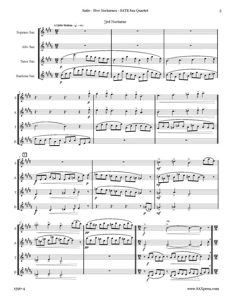 1390-4 SATIE Five Nocturnes SAMPLE 03 Five Nocturnes | SATB Sax Quartet