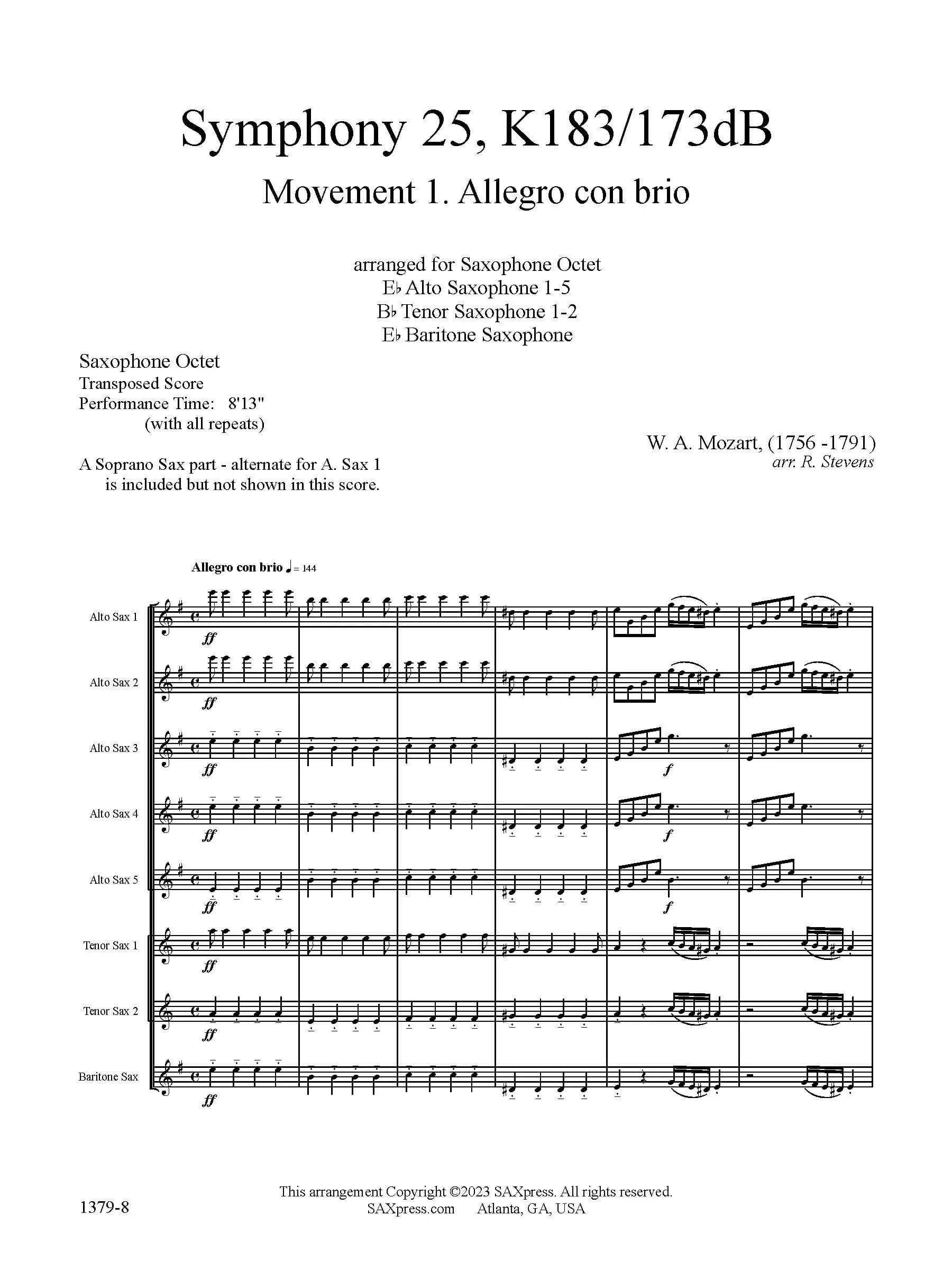 Symphony 25, K183 | Allegro con brio | Mozart | Sax Octet - Image 2