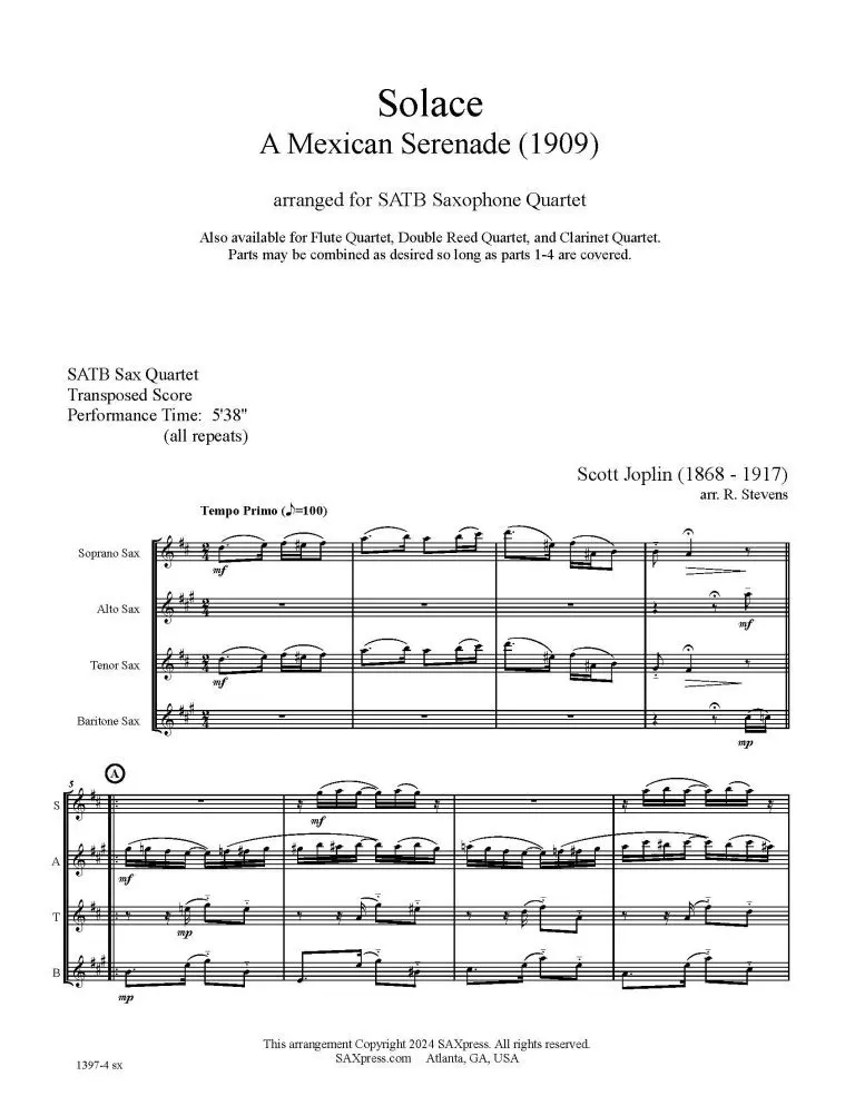 Solace - A Mexican Serenade - Saxophone Quartet
