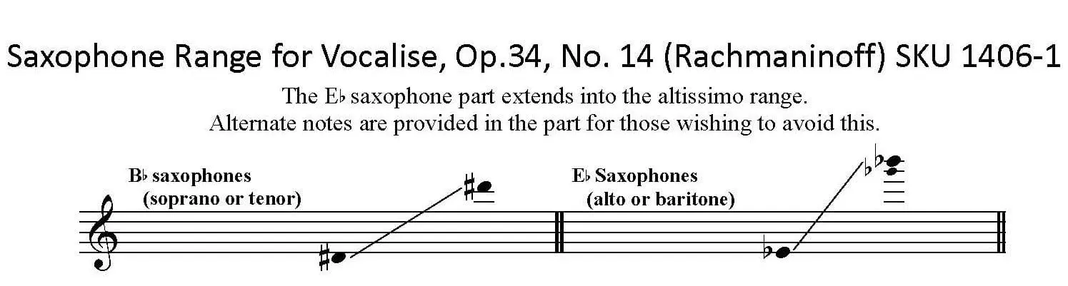 Vocalise by Rachmaninoff, arranged for any saxophone solo with piano. Image showing range of solo saxophone parts.